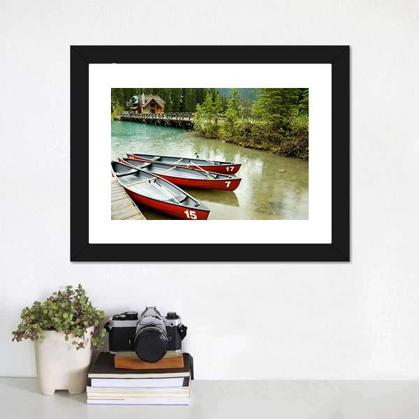 Boats In Emerald Lake Canvas Wall Art-1 Piece-Framed Print-20" x 16"-Tiaracle