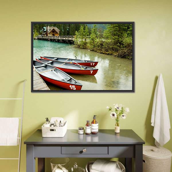 Boats In Emerald Lake Canvas Wall Art-5 Horizontal-Gallery Wrap-22" x 12"-Tiaracle