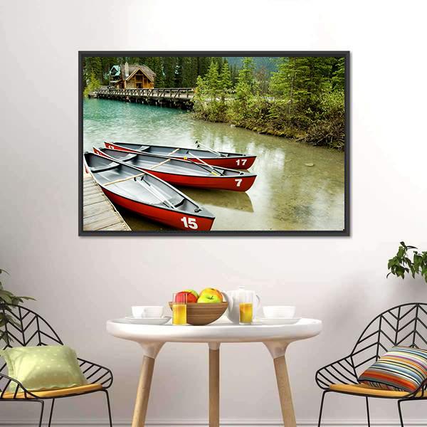 Boats In Emerald Lake Canvas Wall Art-5 Horizontal-Gallery Wrap-22" x 12"-Tiaracle