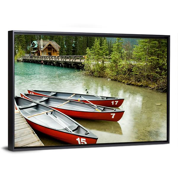 Boats In Emerald Lake Canvas Wall Art-5 Horizontal-Gallery Wrap-22" x 12"-Tiaracle