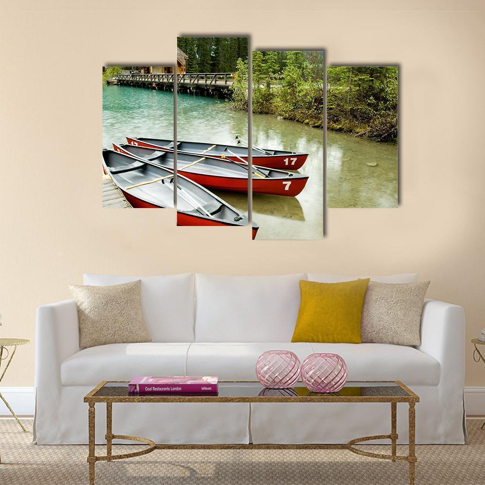 Boats In Emerald Lake Canvas Wall Art-4 Pop-Gallery Wrap-50" x 32"-Tiaracle