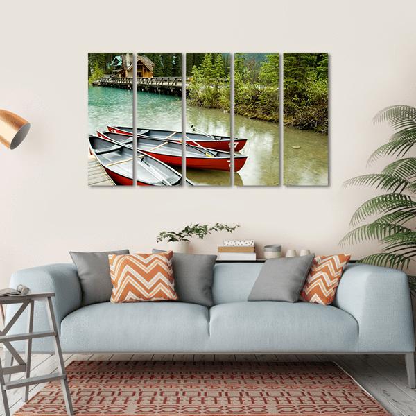 Boats In Emerald Lake Canvas Wall Art-5 Horizontal-Gallery Wrap-22" x 12"-Tiaracle