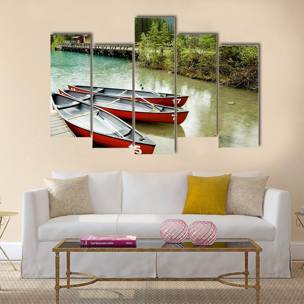 Boats In Emerald Lake Canvas Wall Art-5 Pop-Gallery Wrap-47" x 32"-Tiaracle