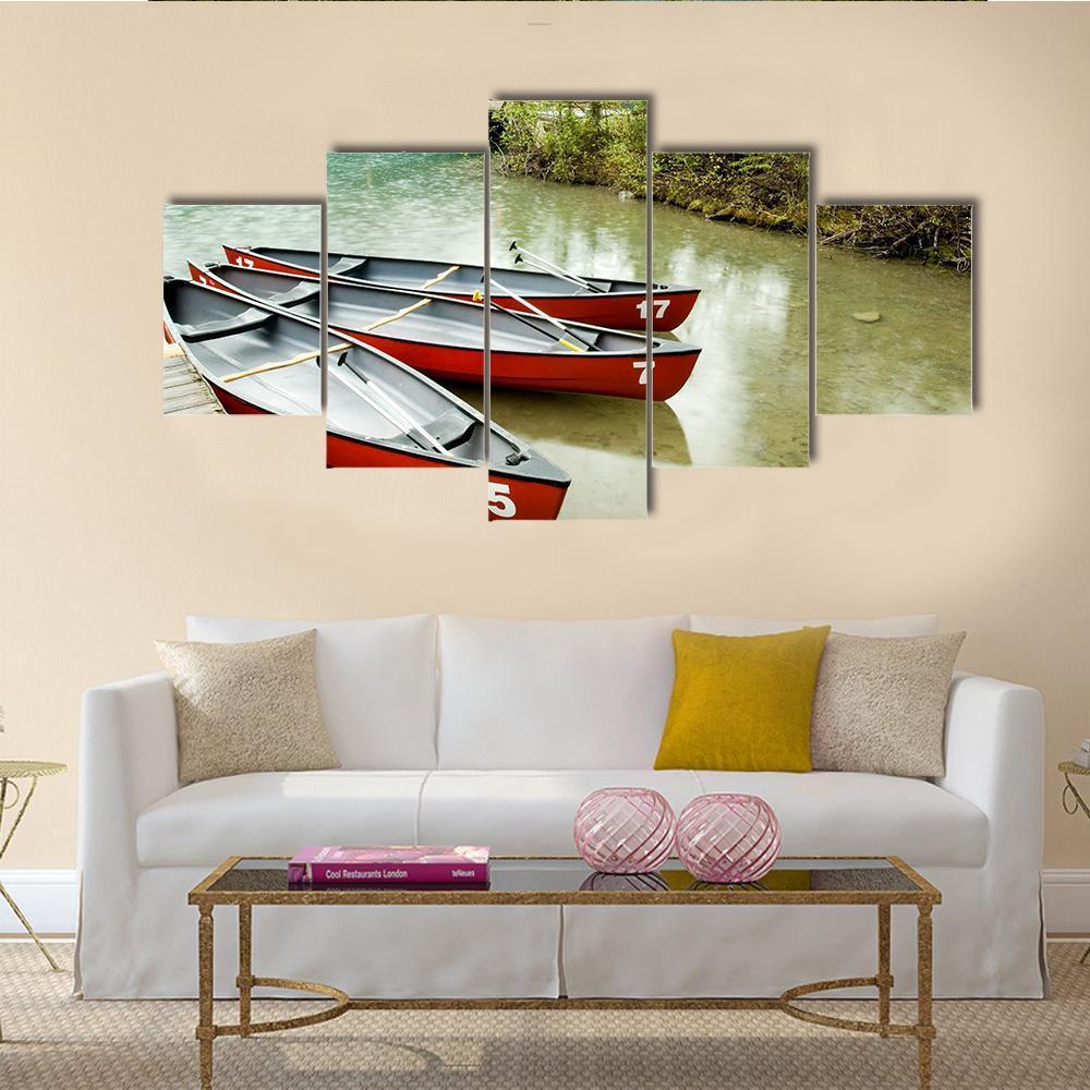 Boats In Emerald Lake Canvas Wall Art-5 Star-Gallery Wrap-62" x 32"-Tiaracle