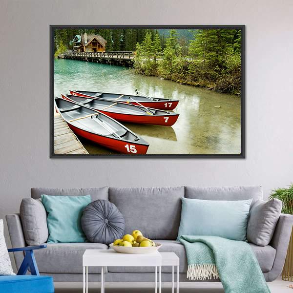 Boats In Emerald Lake Canvas Wall Art-1 Piece-Floating Frame-24" x 16"-Tiaracle