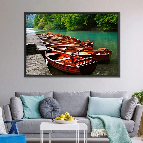 Boats In Green Lake Canvas Wall Art-1 Piece-Floating Frame-24" x 16"-Tiaracle