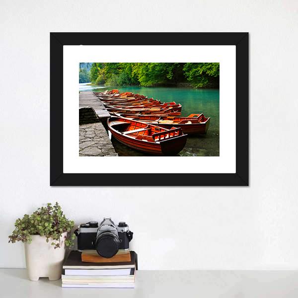 Boats In Green Lake Canvas Wall Art-1 Piece-Framed Print-20" x 16"-Tiaracle