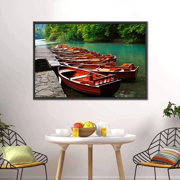 Boats In Green Lake Canvas Wall Art-5 Horizontal-Gallery Wrap-22" x 12"-Tiaracle