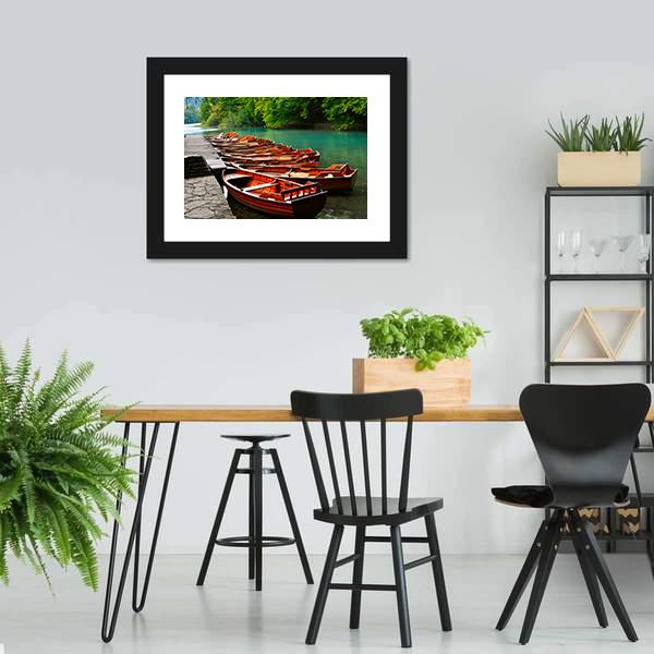 Boats In Green Lake Canvas Wall Art-5 Horizontal-Gallery Wrap-22" x 12"-Tiaracle
