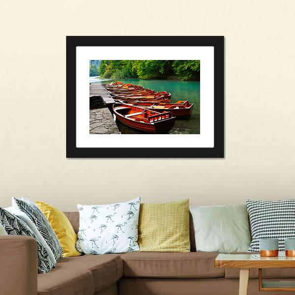 Boats In Green Lake Canvas Wall Art-5 Horizontal-Gallery Wrap-22" x 12"-Tiaracle