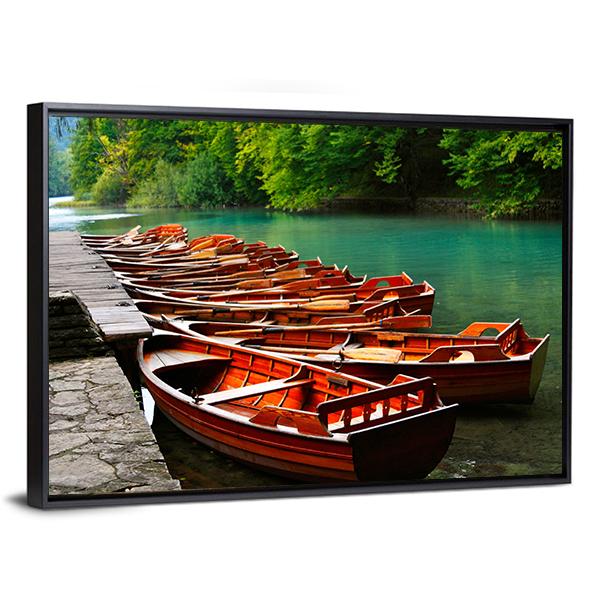 Boats In Green Lake Canvas Wall Art-5 Horizontal-Gallery Wrap-22" x 12"-Tiaracle