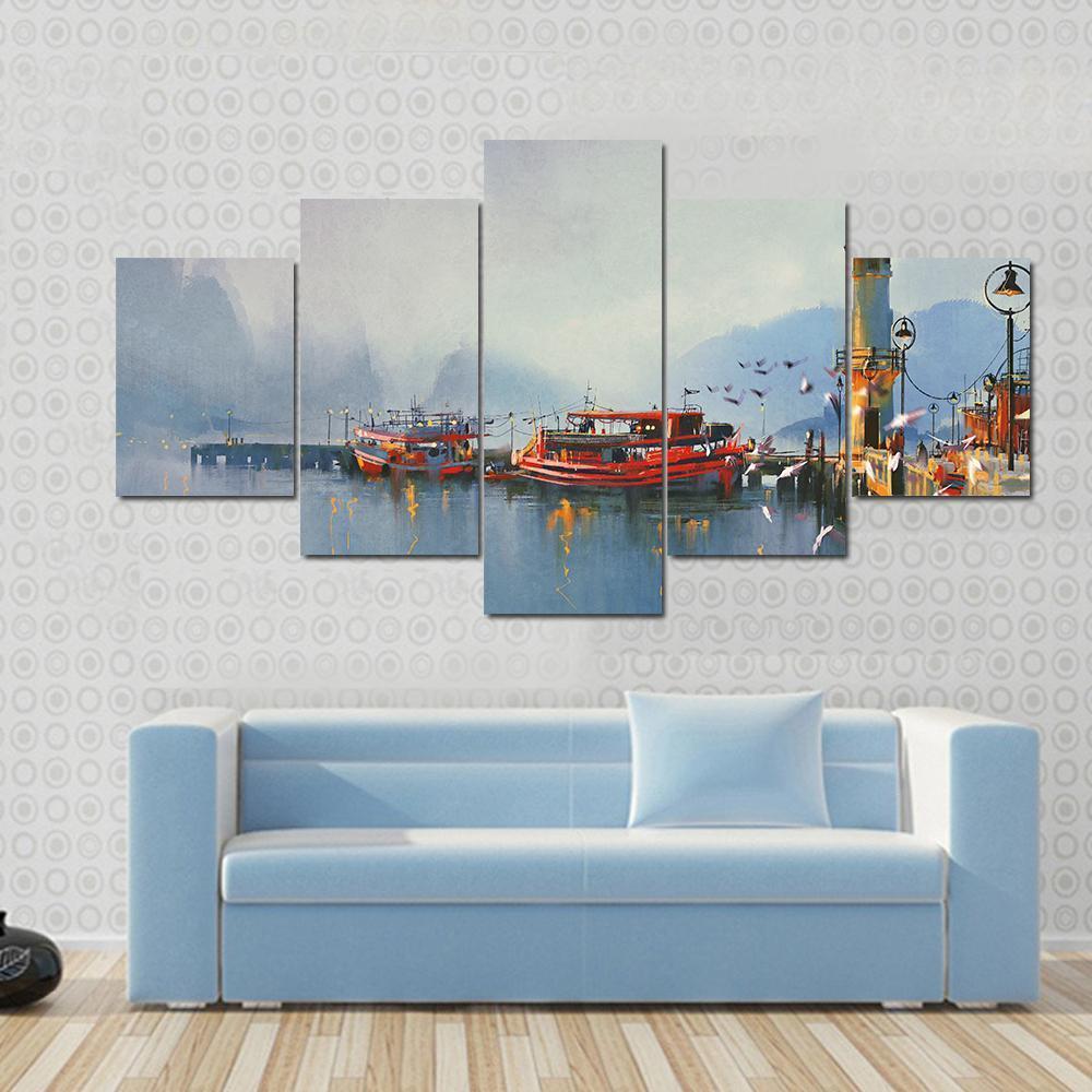 Boats In Harbor Canvas Wall Art-5 Pop-Gallery Wrap-47" x 32"-Tiaracle