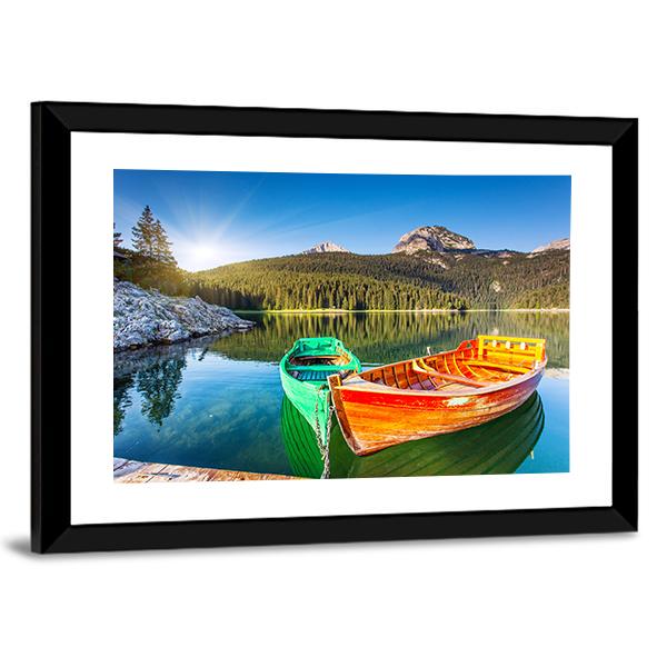 Boats In Lake Durmitor Canvas Wall Art-5 Horizontal-Gallery Wrap-22" x 12"-Tiaracle
