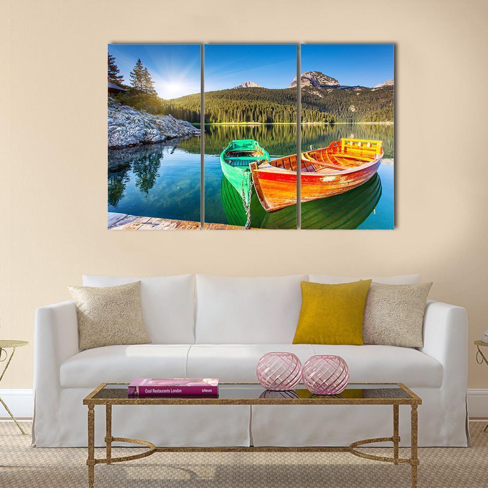 Boats In Lake Durmitor Canvas Wall Art-3 Horizontal-Gallery Wrap-37" x 24"-Tiaracle