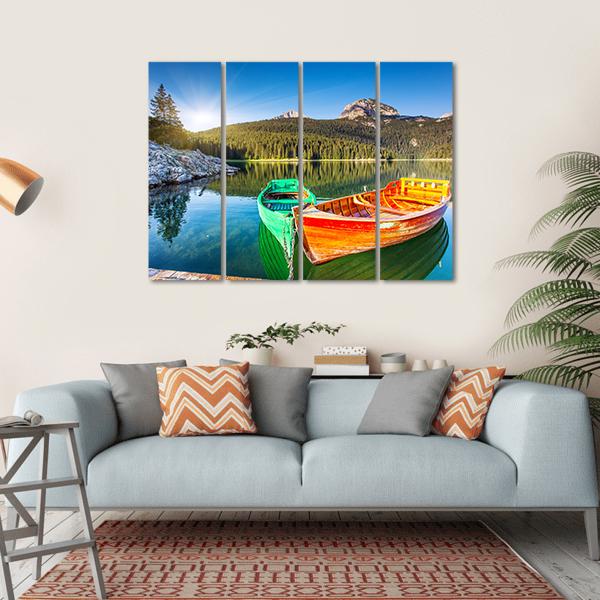 Boats In Lake Durmitor Canvas Wall Art-4 Horizontal-Gallery Wrap-34" x 24"-Tiaracle