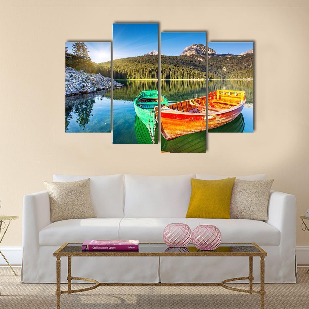 Boats In Lake Durmitor Canvas Wall Art-4 Pop-Gallery Wrap-50" x 32"-Tiaracle
