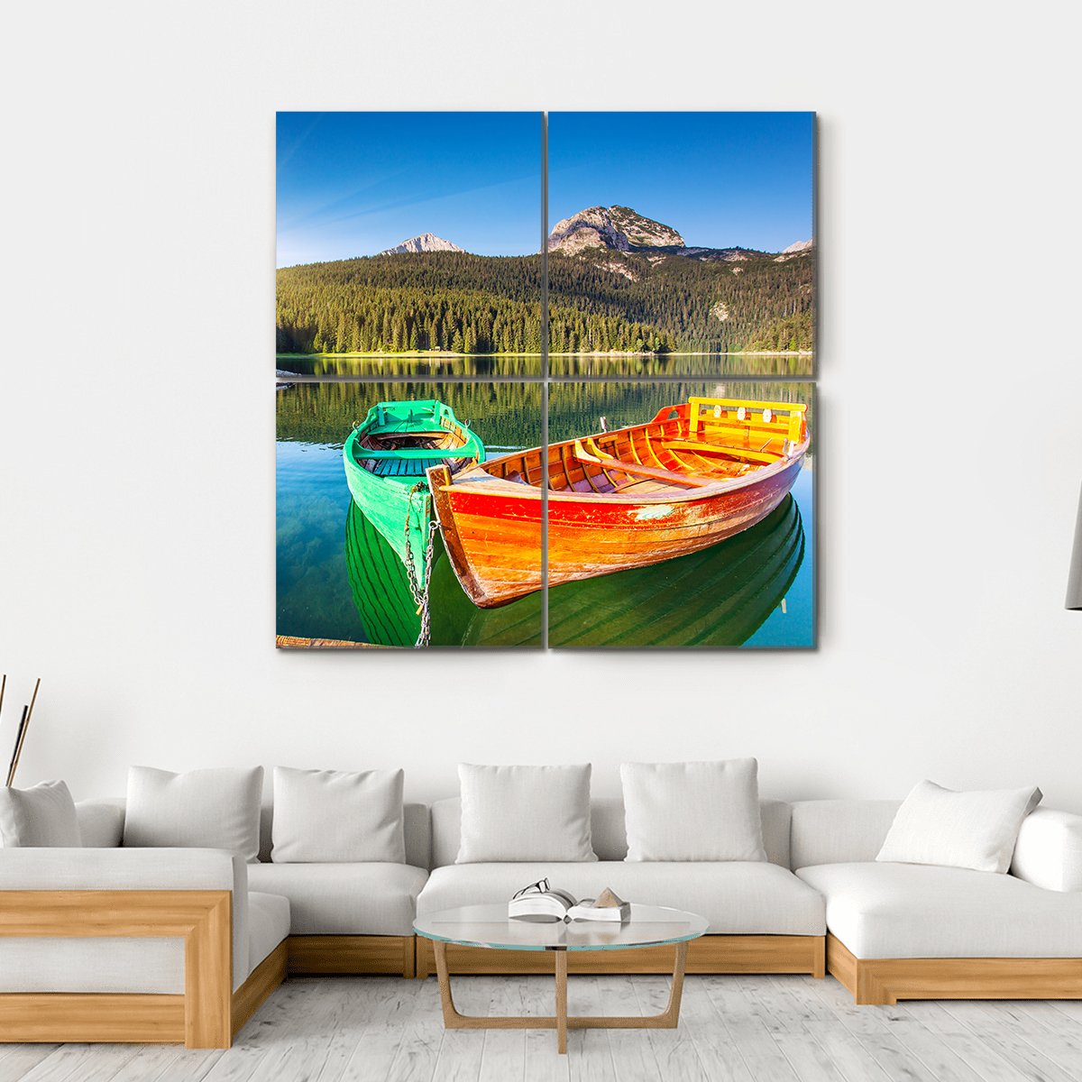 Boats In Lake Durmitor Canvas Wall Art-4 Square-Gallery Wrap-17" x 17"-Tiaracle