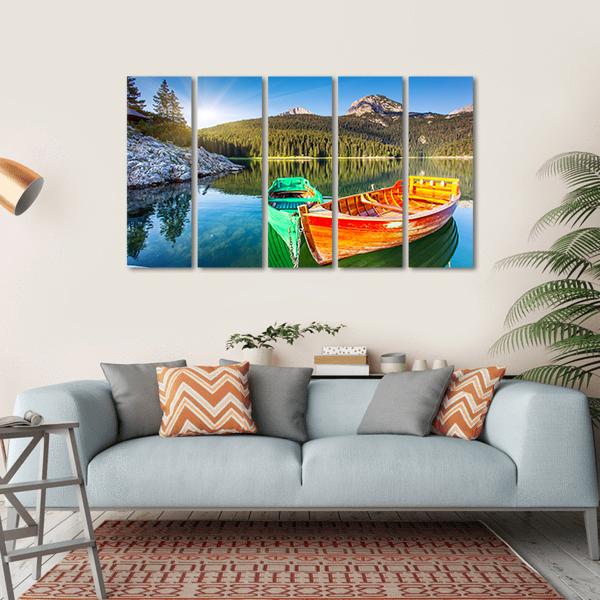 Boats In Lake Durmitor Canvas Wall Art-5 Horizontal-Gallery Wrap-22" x 12"-Tiaracle