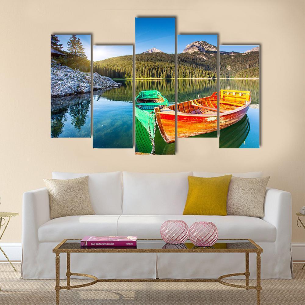 Boats In Lake Durmitor Canvas Wall Art-5 Pop-Gallery Wrap-47" x 32"-Tiaracle