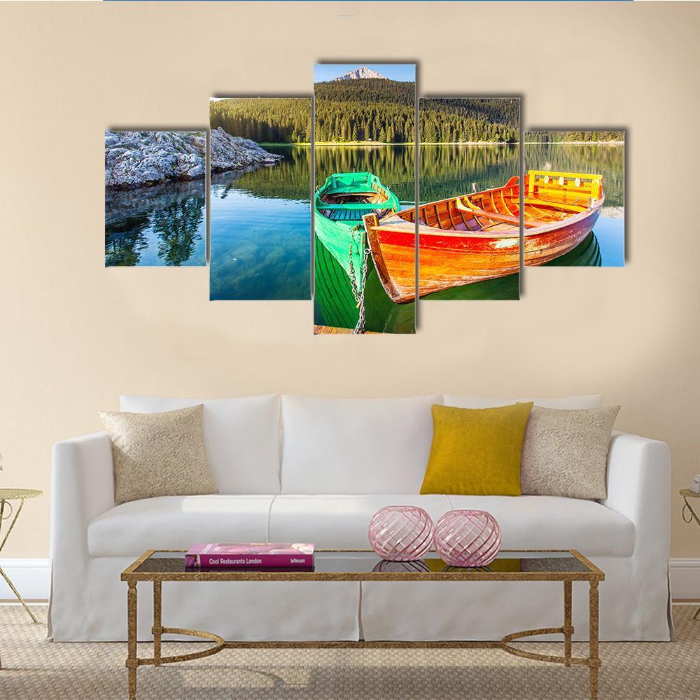 Boats In Lake Durmitor Canvas Wall Art-5 Star-Gallery Wrap-62" x 32"-Tiaracle