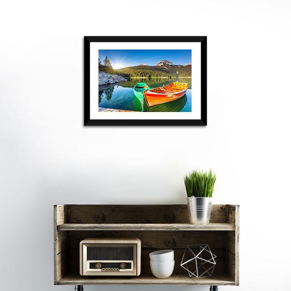 Boats In Lake Durmitor Canvas Wall Art-1 Piece-Framed Print-20" x 16"-Tiaracle