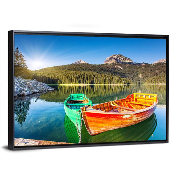 Boats In Lake Durmitor Canvas Wall Art-3 Horizontal-Gallery Wrap-25" x 16"-Tiaracle