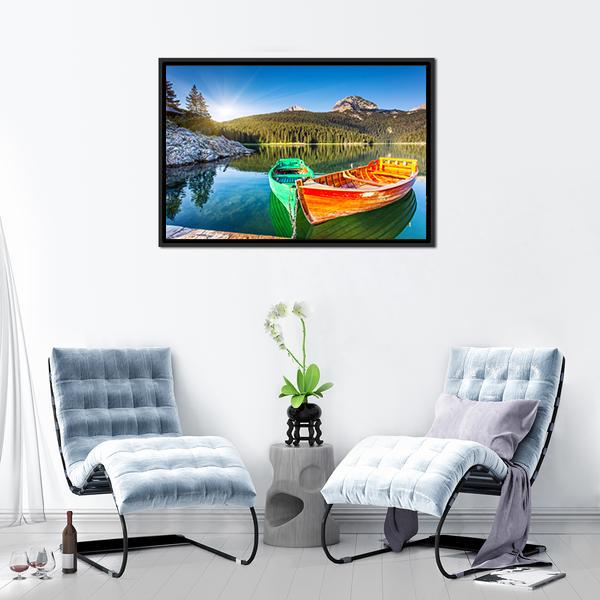 Boats In Lake Durmitor Canvas Wall Art-3 Horizontal-Gallery Wrap-25" x 16"-Tiaracle