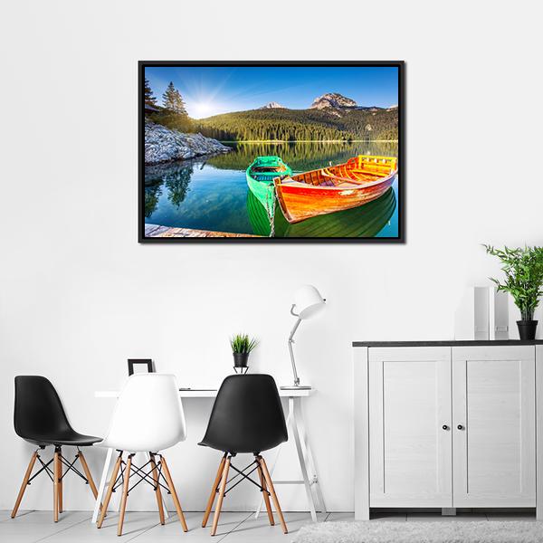 Boats In Lake Durmitor Canvas Wall Art-3 Horizontal-Gallery Wrap-25" x 16"-Tiaracle