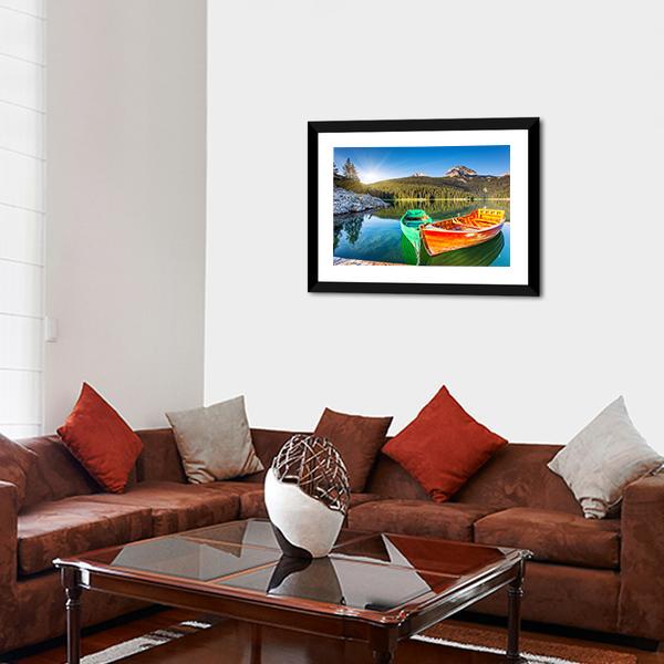 Boats In Lake Durmitor Canvas Wall Art-3 Horizontal-Gallery Wrap-25" x 16"-Tiaracle