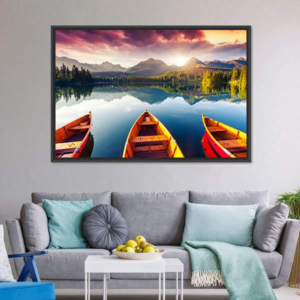 Boats In Mountain Lake Canvas Wall Art-1 Piece-Floating Frame-24" x 16"-Tiaracle