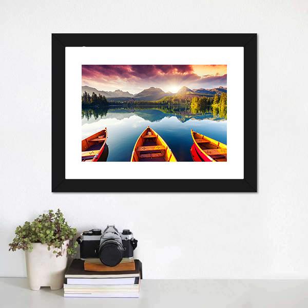 Boats In Mountain Lake Canvas Wall Art-1 Piece-Framed Print-20" x 16"-Tiaracle