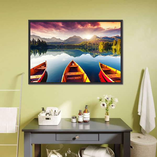 Boats In Mountain Lake Canvas Wall Art-5 Horizontal-Gallery Wrap-22" x 12"-Tiaracle