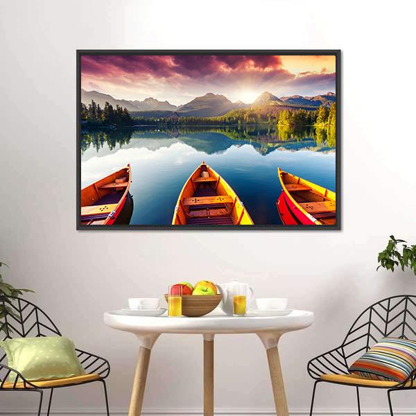 Boats In Mountain Lake Canvas Wall Art-5 Horizontal-Gallery Wrap-22" x 12"-Tiaracle