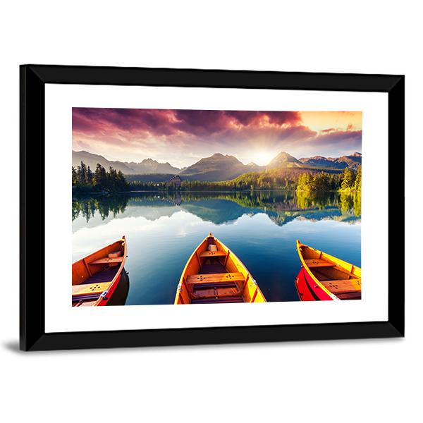 Boats In Mountain Lake Canvas Wall Art-5 Horizontal-Gallery Wrap-22" x 12"-Tiaracle