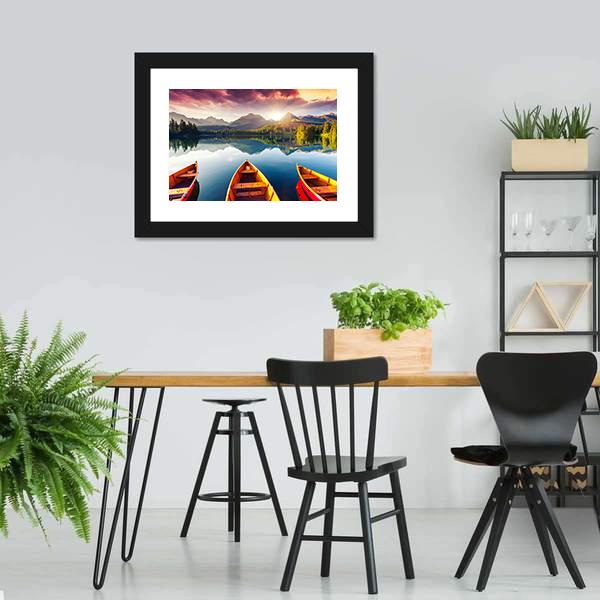 Boats In Mountain Lake Canvas Wall Art-5 Horizontal-Gallery Wrap-22" x 12"-Tiaracle