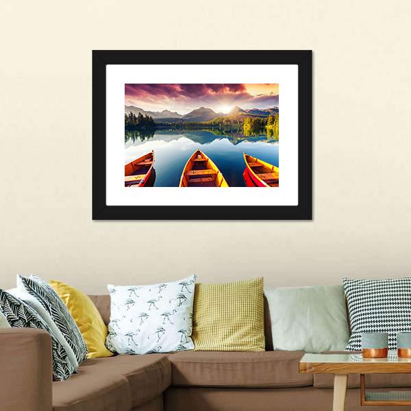 Boats In Mountain Lake Canvas Wall Art-5 Horizontal-Gallery Wrap-22" x 12"-Tiaracle
