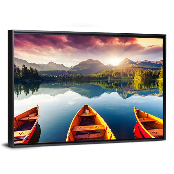 Boats In Mountain Lake Canvas Wall Art-5 Horizontal-Gallery Wrap-22" x 12"-Tiaracle