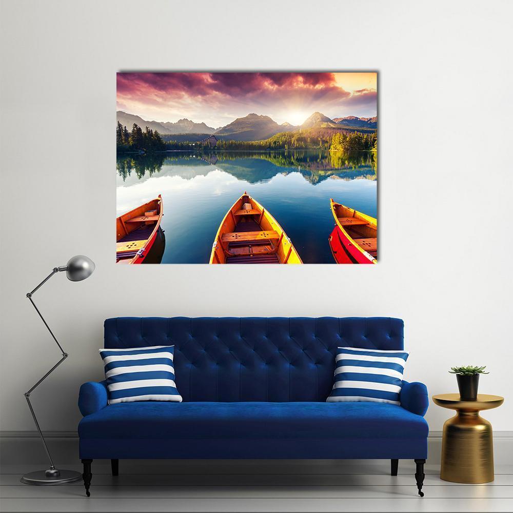 Boats In Mountain Lake Canvas Wall Art-1 Piece-Gallery Wrap-48" x 32"-Tiaracle
