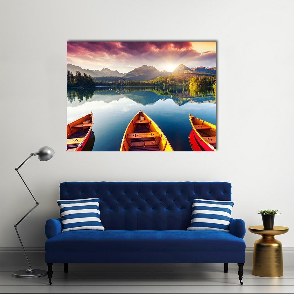 Boats In Mountain Lake Canvas Wall Art-4 Horizontal-Gallery Wrap-34" x 24"-Tiaracle