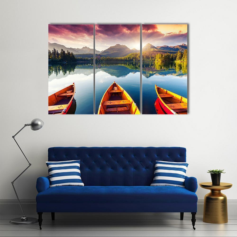 Boats In Mountain Lake Canvas Wall Art-1 Piece-Gallery Wrap-48" x 32"-Tiaracle