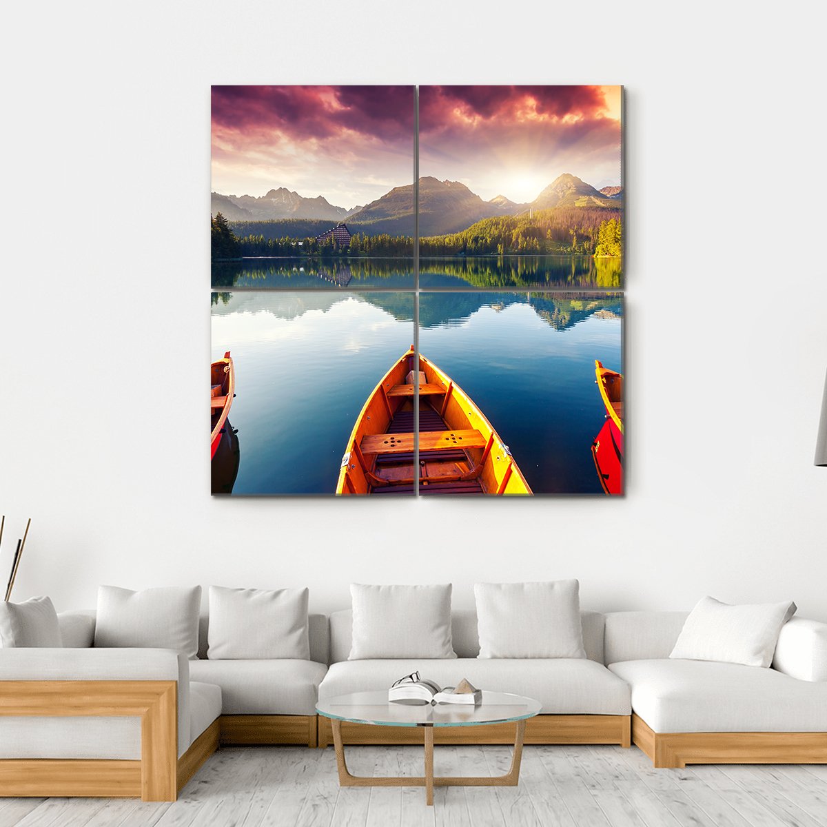 Boats In Mountain Lake Canvas Wall Art-4 Square-Gallery Wrap-17" x 17"-Tiaracle