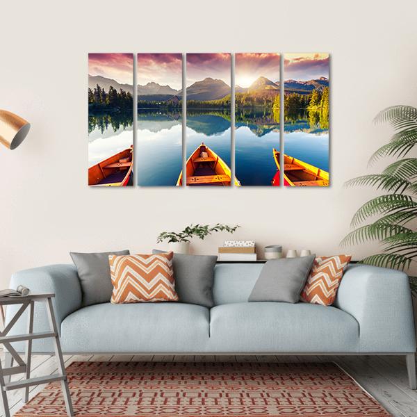 Boats In Mountain Lake Canvas Wall Art-5 Horizontal-Gallery Wrap-22" x 12"-Tiaracle