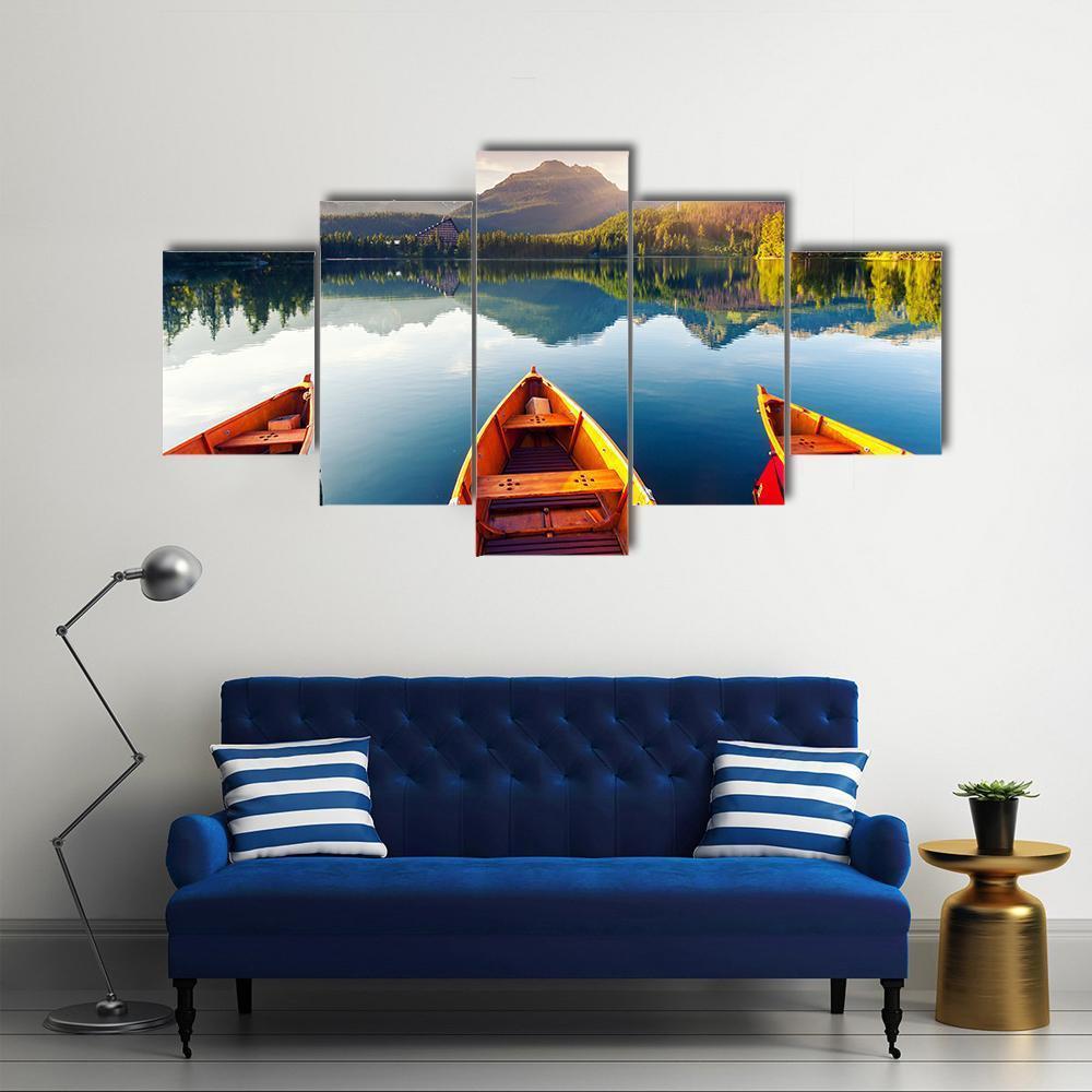 Boats In Mountain Lake Canvas Wall Art-5 Star-Gallery Wrap-62" x 32"-Tiaracle