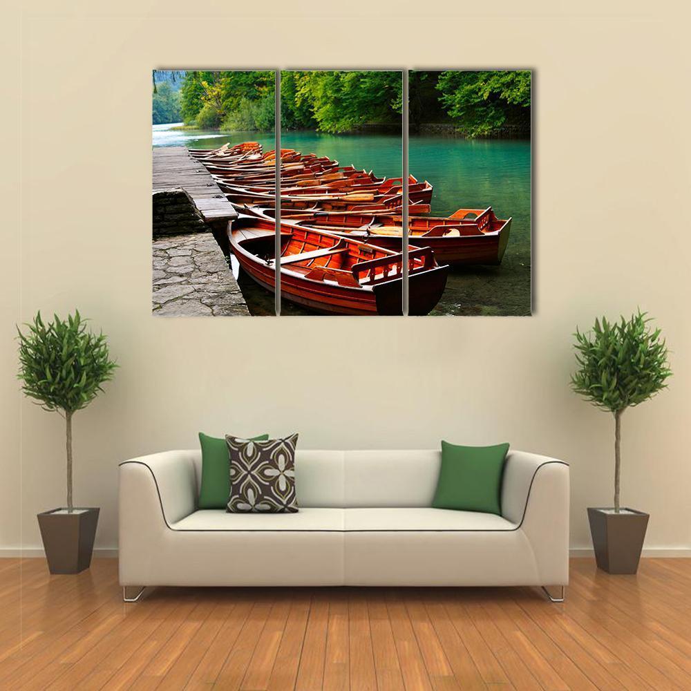 Boats In Green Lake Canvas Wall Art-3 Horizontal-Gallery Wrap-37" x 24"-Tiaracle