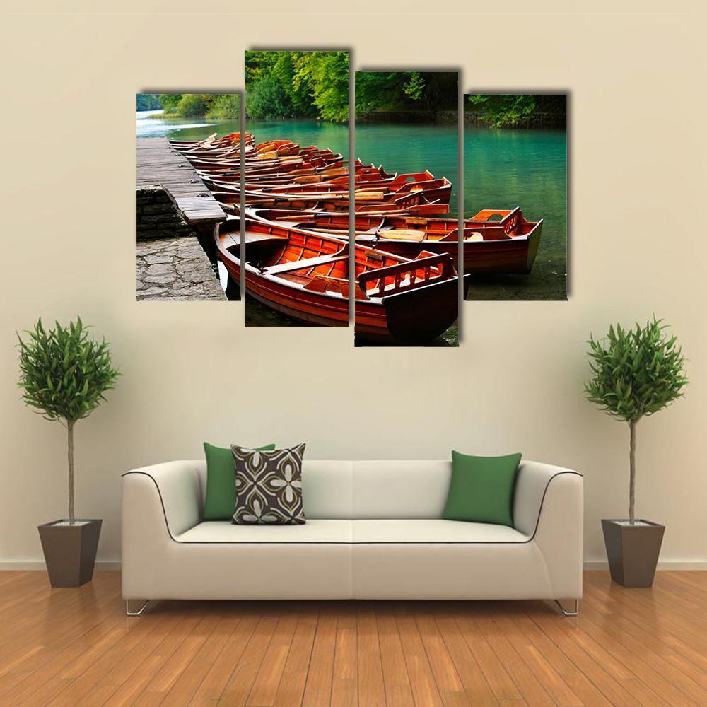 Boats In Green Lake Canvas Wall Art-4 Pop-Gallery Wrap-50" x 32"-Tiaracle