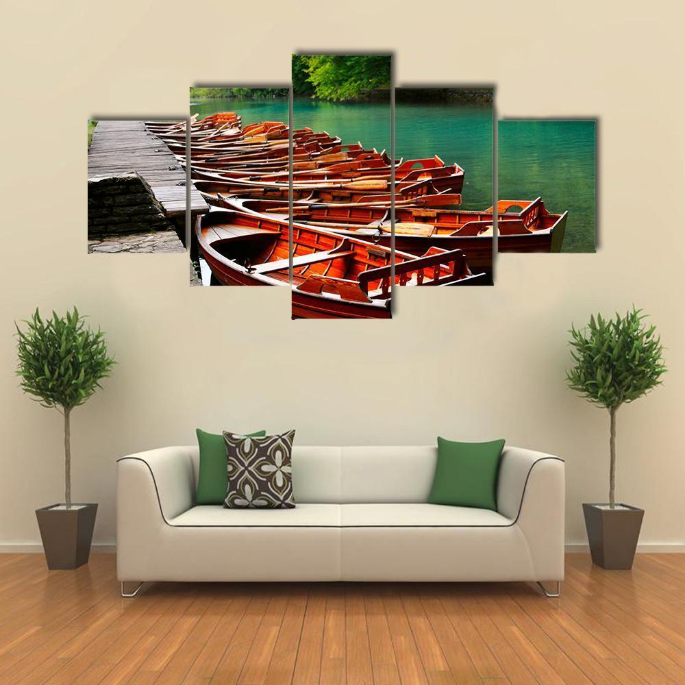 Boats In Green Lake Canvas Wall Art-5 Star-Gallery Wrap-62" x 32"-Tiaracle