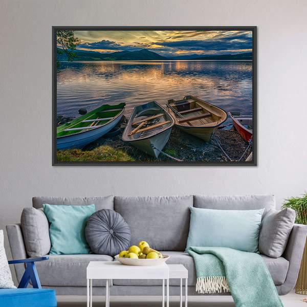Boats Near Silence Lake Canvas Wall Art-1 Piece-Floating Frame-24" x 16"-Tiaracle