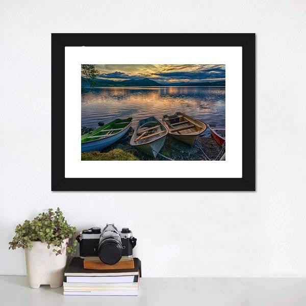 Boats Near Silence Lake Canvas Wall Art-1 Piece-Framed Print-20" x 16"-Tiaracle