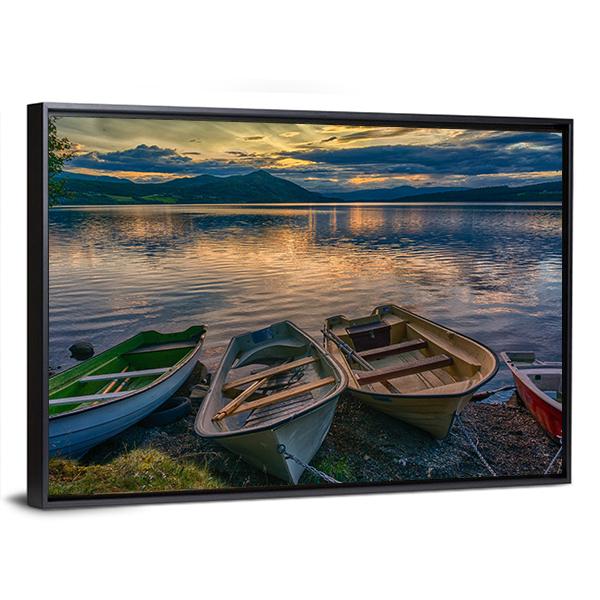 Boats Near Silence Lake Canvas Wall Art-3 Horizontal-Gallery Wrap-25" x 16"-Tiaracle