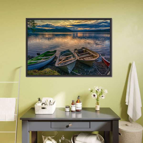 Boats Near Silence Lake Canvas Wall Art-3 Horizontal-Gallery Wrap-25" x 16"-Tiaracle